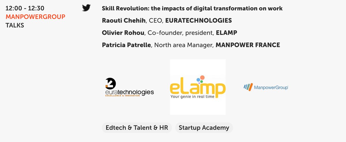 eLamp_fr's tweet image. Rendez-vous à partir de demain à #VivaTech !
Nous sommes présents les 3 jours et Olivier, notre cher CEO, intervient demain à midi aux côtés de Raouti Chehih, Président d&apos;@euratechnologie et Patricia Patrelle de @ManpowerFrance sur la révolution de la #SkillData !