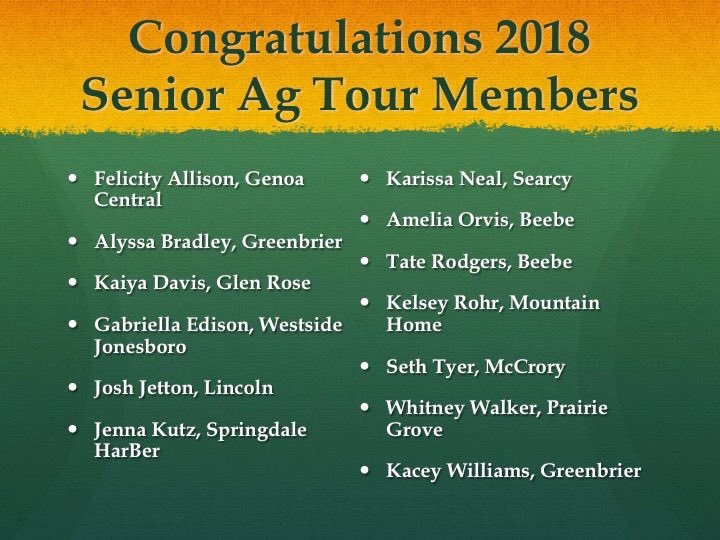 Congratulations to the following members that have been selected for the first annual Senior Ag Tour! @ARCareerEd