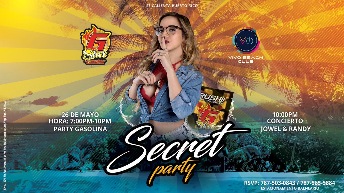 ¡#Gasolinator! ¡Este sábado 26 de mayo se enciende Puerto Rico con el Gasolina G Shot Secret Party en VIVO BEACH CLUB y cerramos la noche con el concierto de Jowell y Randy! 🔥🔥🔥 ¡Pendiente a la página de FB para la oportunidad de GANAR BOLETOS pa'l party! 😗