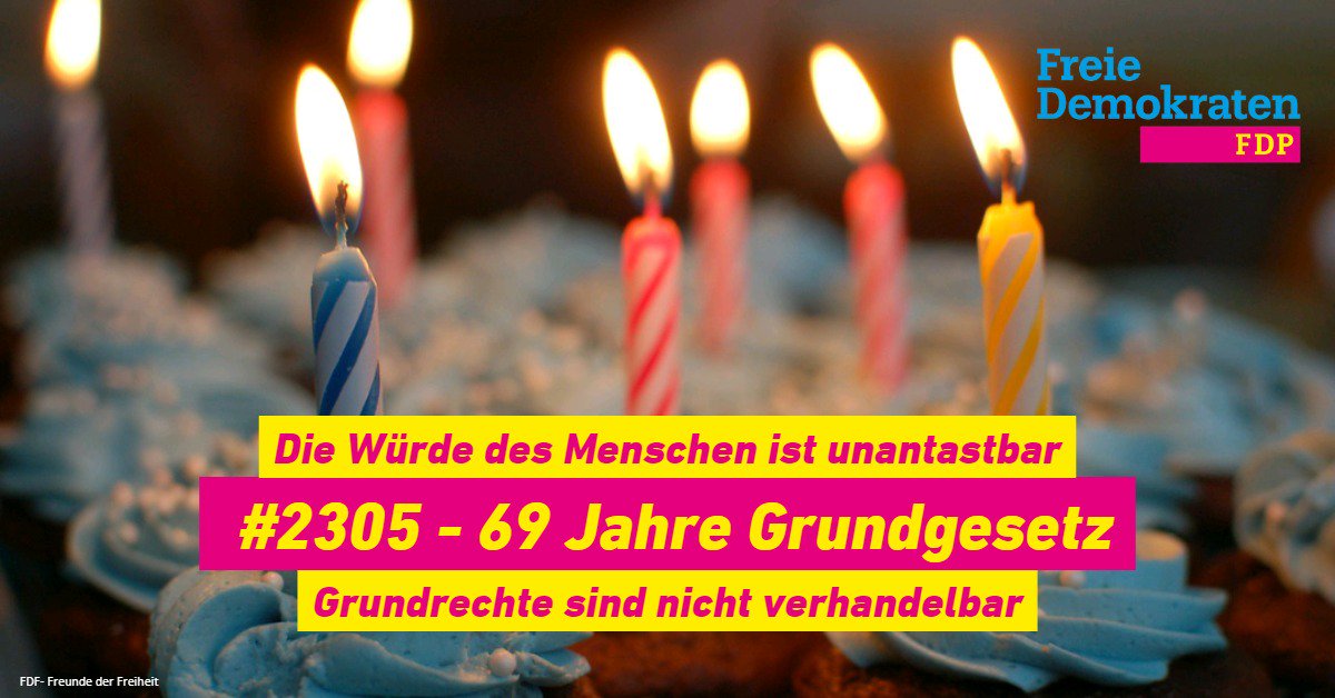 FDF_NRW's tweet photo. 23.05.1949 - Heute vor 69 Jahren trat unser liberales Grundgesetz in Kraft. Es garantiert die Grundrechte jedes Einzelnen und schützt diese vor Staat und Mehrheit. Es schützt den Kern unserer individuellen Freiheit.

#Grundgesetz
#Liebe69
#AusDiesemGrund
#HappyBirthday https://t.co/BQ5HaUW58L