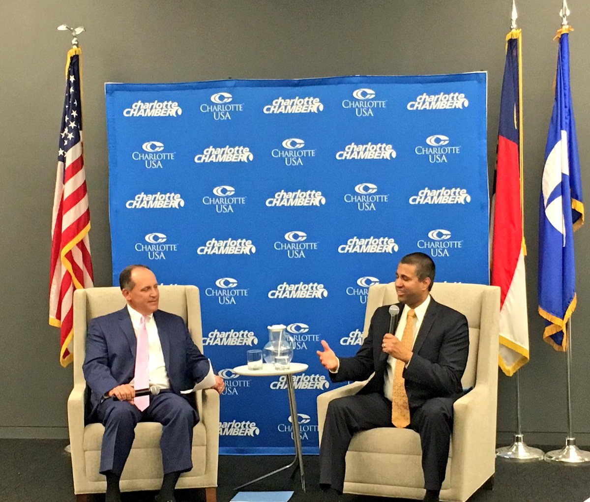 Finding_Nemeth's tweet photo. Interesting fireside chat today at the   @cltchamber between Chairman @AjitPaiFCC and @CLTChamberBob. Great conversation on efforts to bridge the digital divide, connected schools, 5G, economic mobility, updating outdated rules, and more! https://t.co/CiWzMgjnoy