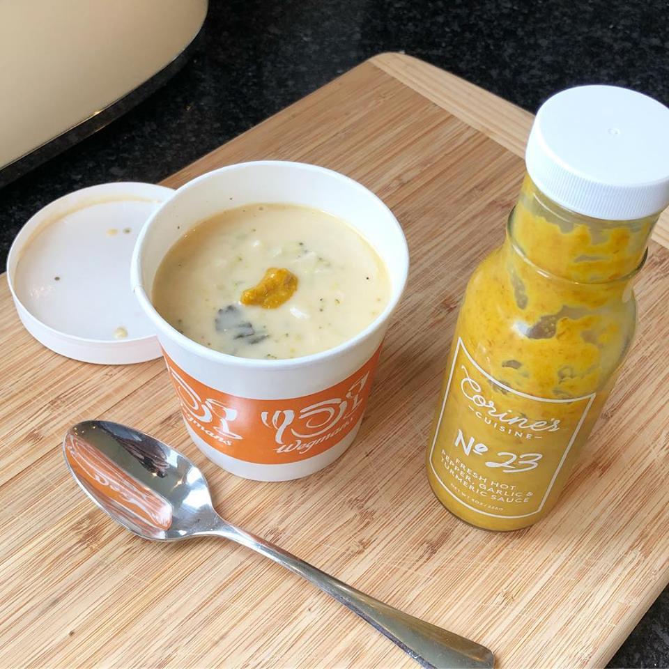 corinescuisine's tweet photo. #lazylunch #broccolicheddarsoup #corinescuisine so easy to make something good even better! #scotchbonnet #gourmetsauce #turmeric #garlic #spiceitup #foodielife #wegmans https://t.co/oJZGrPUTUW
