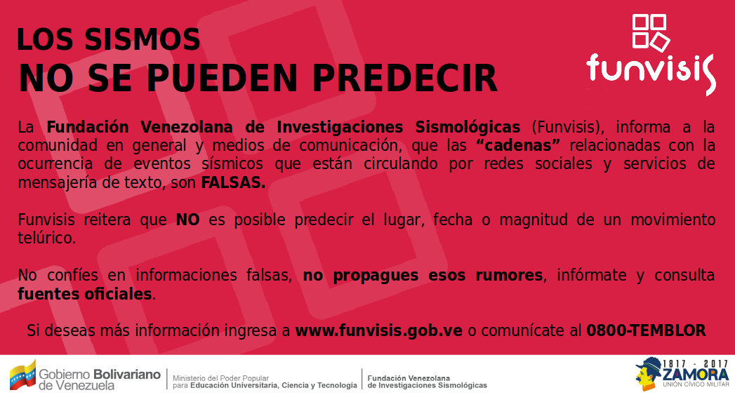 FUNVISIS's tweet photo. No confíes en informaciones falsas o propagues rumores, infórmate y consulta fuentes oficiales: Los sismos son impredecibles #CulturaSísmica #Sismo #Temblor https://t.co/YmE9zfRJ6j