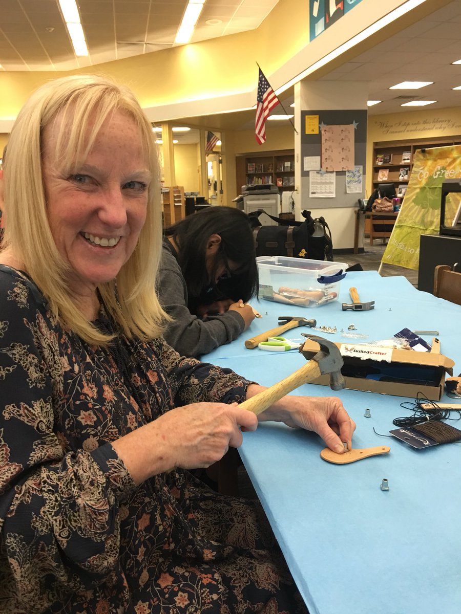 BevTindall's tweet photo. If I had a hammer🎶 I’d hammer @wohslmc We love #leatherworks and a noisy library! #librarylife https://t.co/83cQsnUHbR