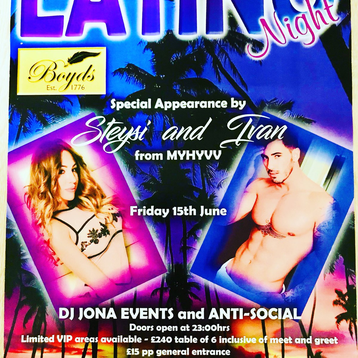BoydsGibraltar's tweet photo. Come &amp; join us for fun night on Friday 15th June @ 2300hrs with DJ JONA EVENTS &amp; laizy daiz. Ivan &amp; Steysi from MHYVV. VIP tables available. Call us on 54124000. https://t.co/8XsZI5ihJL