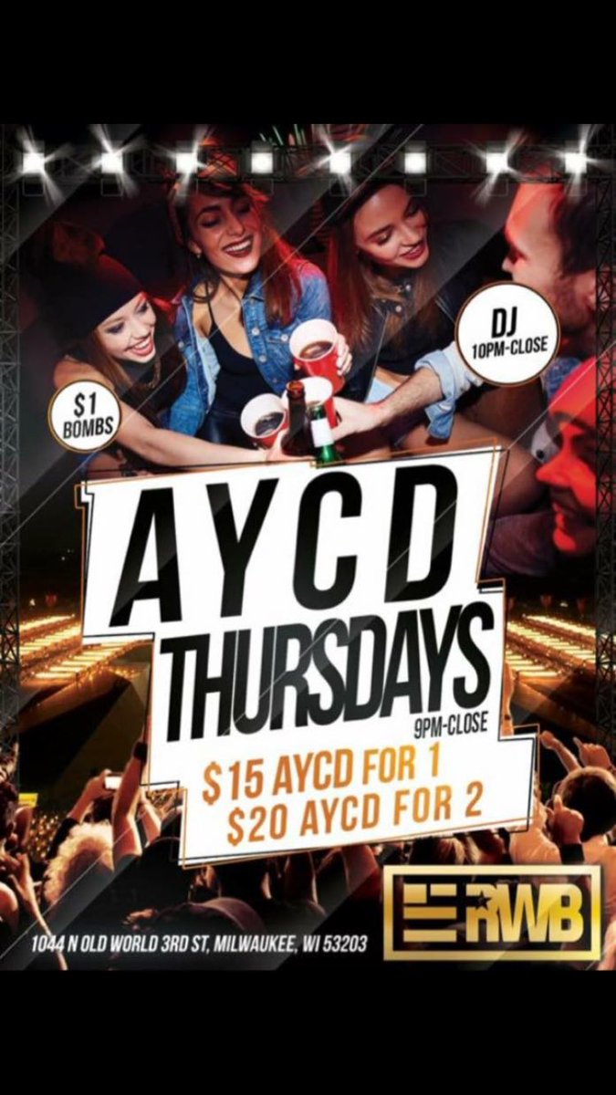 RedWhiteBlueBar's tweet photo. 🍻Join us this Thursday for ALL YOU CAN DRINK!

✅$10 AYCD when you come with a friend

✅$15 AYCD if you come alone

✅$1 BOMBS

🎉FREE COVER ALL NIGHT!🎉

Doors open at 9pm 🕘
1044 North old world 3rd St., Milwaukee

#MilwaukeesPartyBar https://t.co/ILwQ8kGm5a