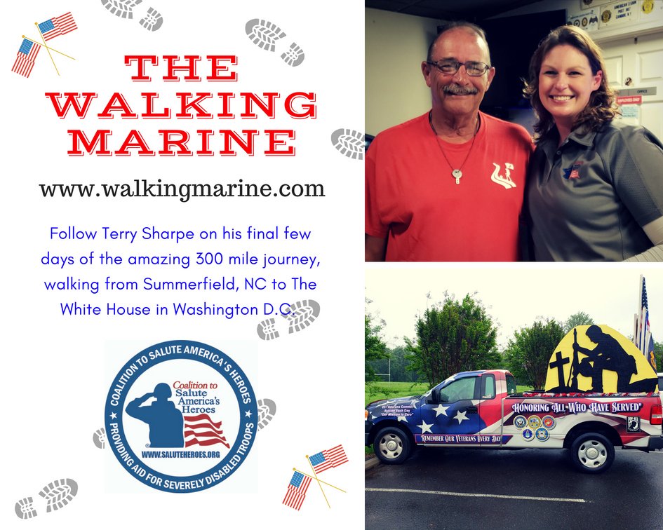 SaluteHeroes's tweet photo. The Walking Marine, Terry Sharpe, is days away from finishing his epic 300 mile walk from Summerfield, NC to The White House! 

Let's get behind him and support this true American Patriot.

#thewalkingmarine #saluteheroes #kill22 #patriot https://t.co/f3TKWgmfkO