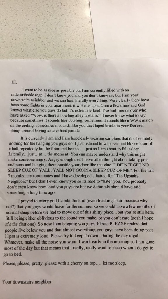 rymcrib's tweet photo. So the apartment below taped this letter to our door…here’s our response, please don’t hate us 212 https://t.co/wGHQT08qFg