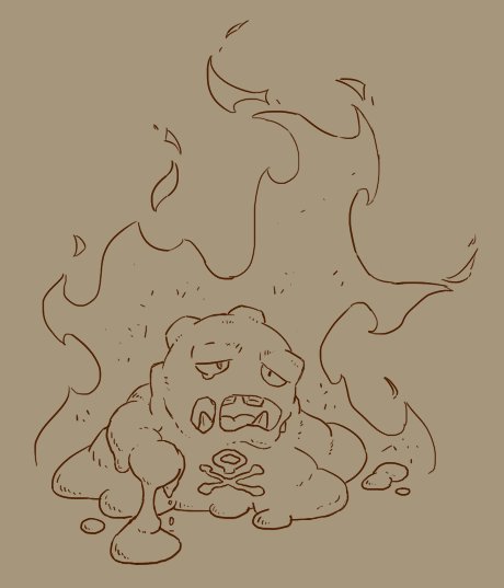 For the sake of posting while I animate, here's a picture I drew a while back for a friend. An abomination of Koffing and Muk on fire.