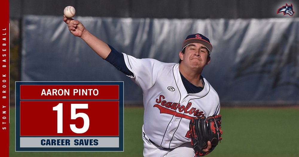 StonyBrookBASE's tweet photo. Congrats to Aaron Pinto on his 15th career save to break our all-time record of 14 previously held by Cam Stone. 
#SeawolvesUnited | #AEBASE | #AEChamps | @SBAthletics https://t.co/qJMqlBzCy1