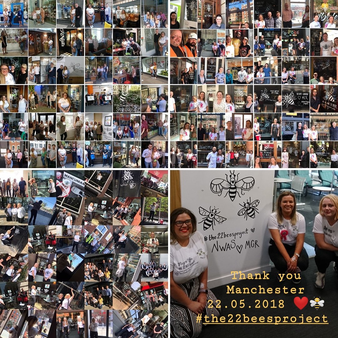 22BeesProject's tweet image. We can't wait to create a big album of photos when our project is done, but for now let us say a massive thank you to all the amazing businesses in Manchester City Centre who let us draw a bee for them on the first anniversary of the attack ❤️🐝 thank you! #the22beesproject