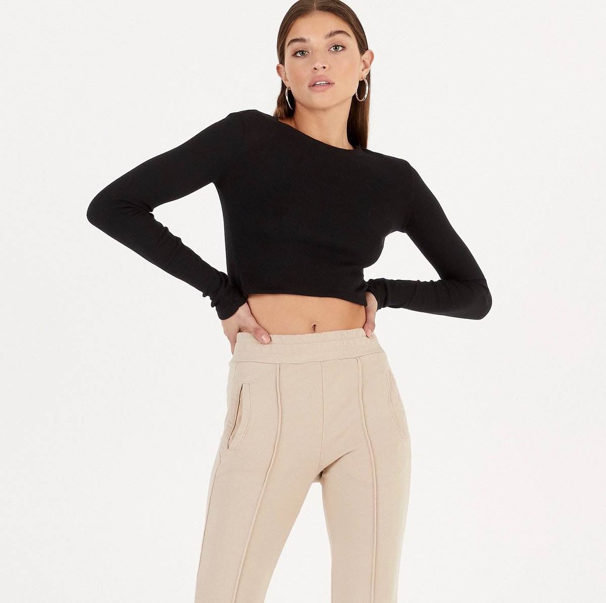 Venice Crop Shirt in Jet Black styled with Milan Flared Trousers in Light Tan