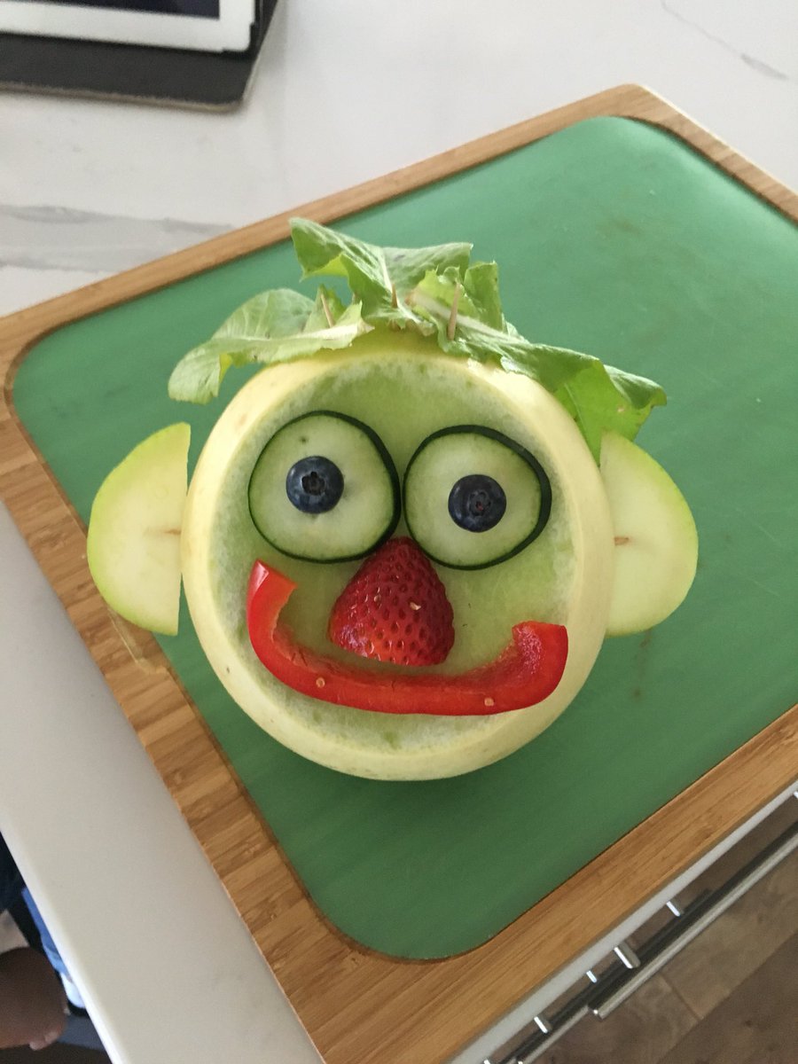 This morning’s activity inspired by <a href="/ACreativeGalaxy/">CreativeGalaxy</a> We had so much fun shopping for the food and creating a fruit face of Asher!