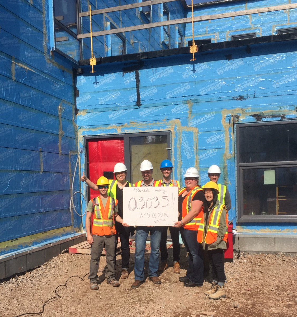 Happy morning at <a href="/IndwellCA/">Indwell</a> #ParkdaleLanding with <a href="/invizij/">Invizij Architects</a>, <a href="/wsp/">WSP</a>, @FourthPig, Schilthuis Construction, @PeelPH &amp; <a href="/indwellCA/">Indwell</a> where we just tested TIGHT for our second air tightness test at 0.3035 ACH @ 50Pa. Max allowable is 1.0 for a renovation project. An exciting step forward!
