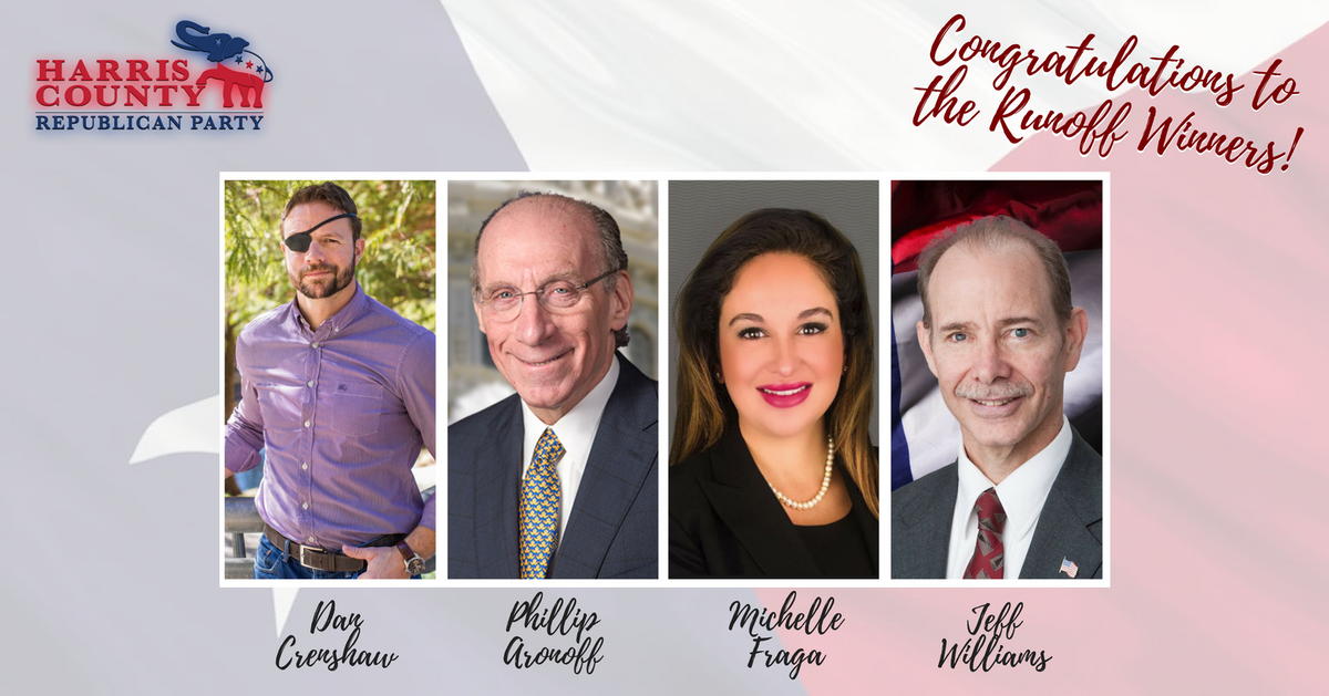 paulfsimpson's tweet photo. Fired up to win in November! MT @HarrisCountyRP : Congratulations to our (unofficial) Primary #ElectionRunoff Winners! Dan Crenshaw, Phillip Aronoff, Michelle Fraga, and Jeff Williams! https://t.co/D1X2FpJuwR.