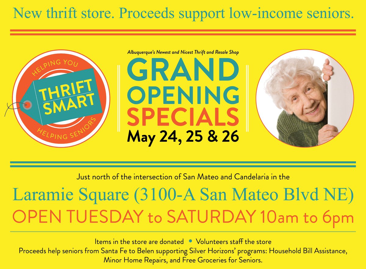 SilverHorizons1's tweet photo. It's finally here! OFFICIAL GRAND OPENING of NEW thrift store! May 24, 25 &amp; 26. Grand Opening Specials: Thursday, May 24 - All Clothing 50% OFF! (Excludes shoes, belts, hats &amp; accessories.) 3100-A San Mateo Blvd NE (just north San Mateo/Candelaria intersection in the Laramie Sq.) https://t.co/KPTFb8whLq