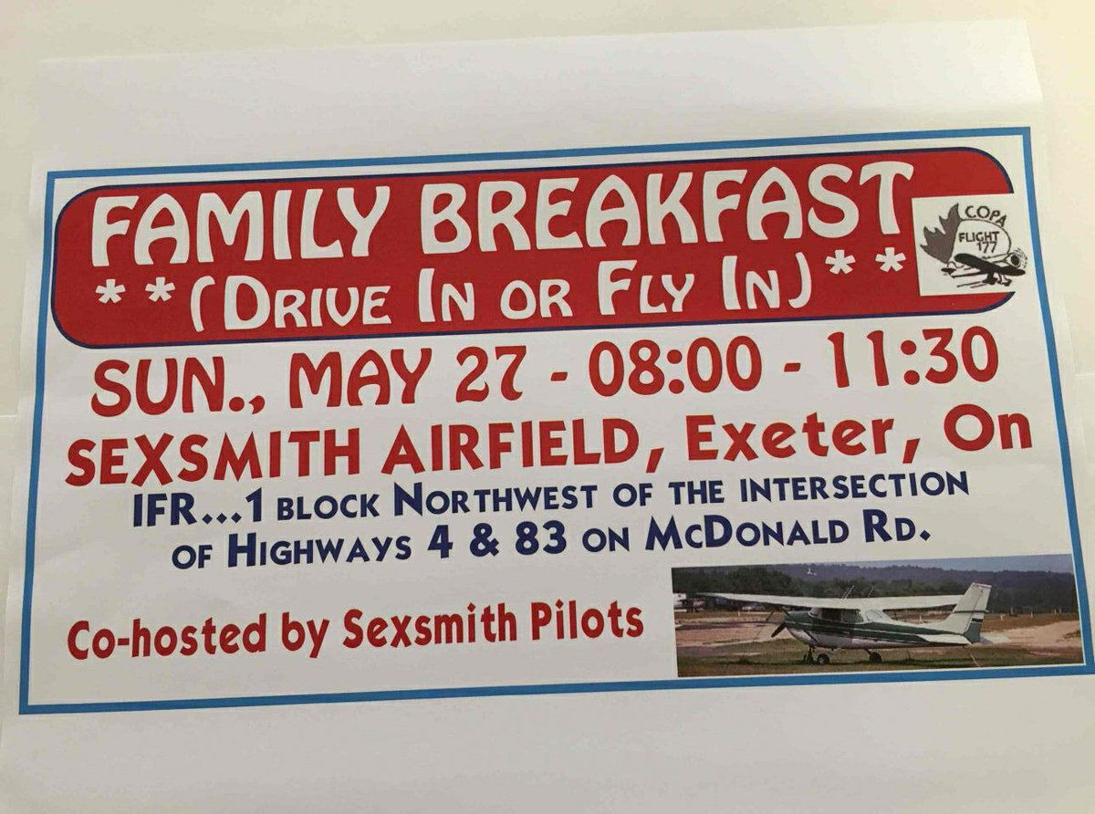 ExeterBIA's tweet photo. Enjoy breakfast this Sunday at Sexsmith Airfield, one mile north & west of Exeter on McDonald Line THIS SUNDAY, May 27 from 8:00am - 11:30am! 🍳🥓 Rain or shine. Everyone is welcome! Drive in or fly in! ✈️ #ExeterOntario #ExperienceExeter https://t.co/zii9GrJxuS