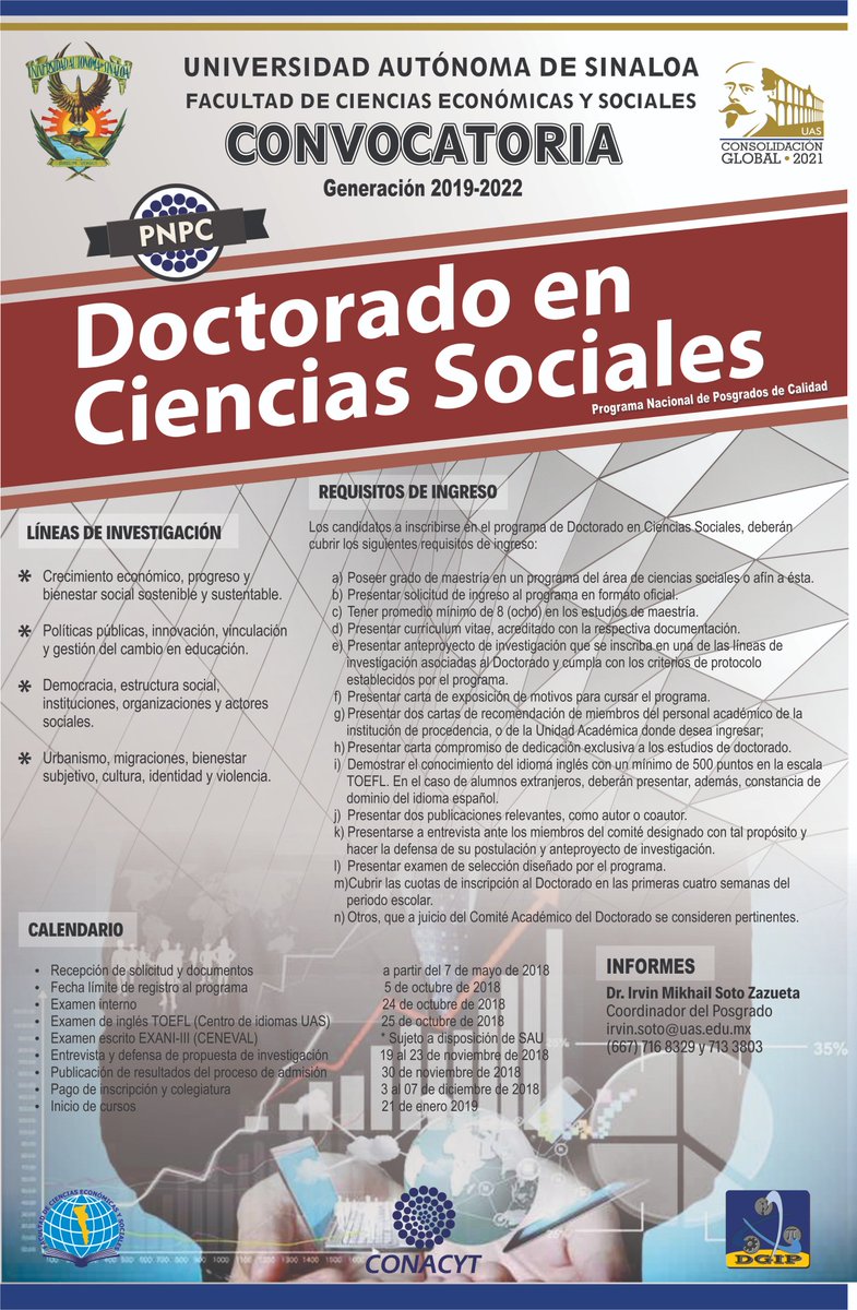 FACES_UAS's tweet photo. Convocatoria Doctorado en Ciencias Sociales, Promoción 2019 - 2022
La Universidad Autónoma de Sinaloa, a través de la Facultad de Ciencias Económicas y Sociales, https://t.co/vv1GrTyC3Z https://t.co/KT8cp4Arhr