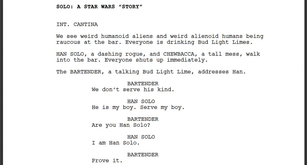 KeatonPatti's tweet photo. I forced a bot to watch over 1,000 hours of Star Wars movies and 1,000 hours of the Solo trailer on YouTube without adblock and then asked it to write a Solo movie of its own. Here is the first page. https://t.co/gxG5T3rkqK