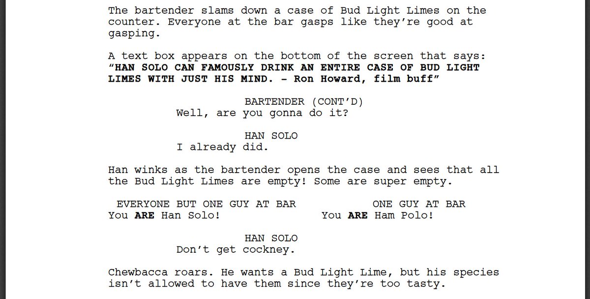 KeatonPatti's tweet photo. I forced a bot to watch over 1,000 hours of Star Wars movies and 1,000 hours of the Solo trailer on YouTube without adblock and then asked it to write a Solo movie of its own. Here is the first page. https://t.co/gxG5T3rkqK