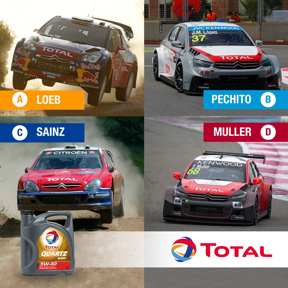 TotalEnergiesAR's tweet image. Elegí tu piloto y auto favorito de #TOTAL y #CITROËN. 50 años de una asociación para lograr grandes éxitos 🔝💯🏆🥇🏁
A: Loeb
B: Pechito
C: Sainz
D: Muller