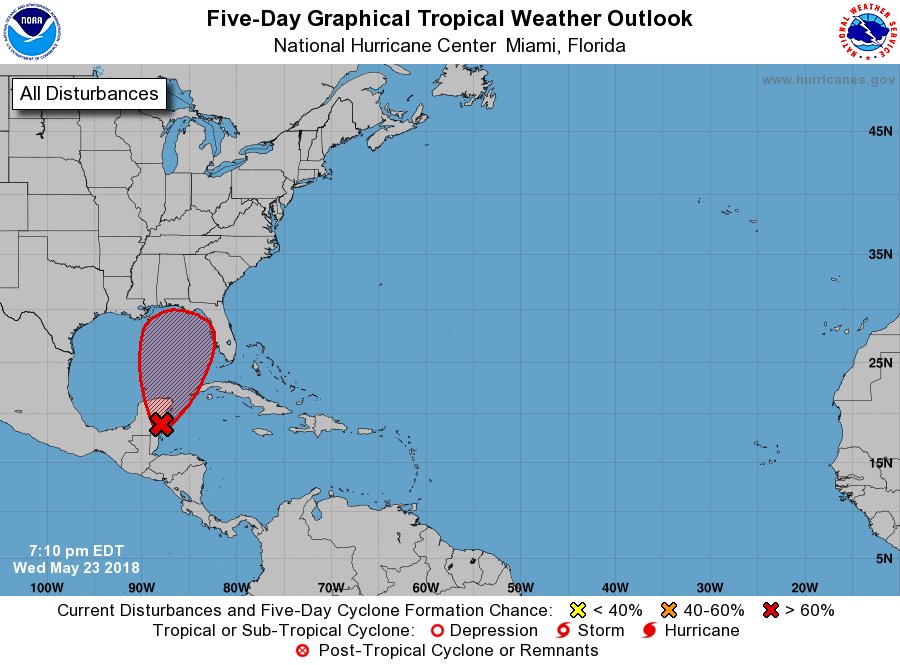 NWSTampaBay's tweet photo. @NHC_Atlantic now giving the disturbance near the Yucatan a 70% chance of tropical development in the next few days. Still looks to mostly be a heavy rain maker for Florida. #flwx https://t.co/MD44igbZVL