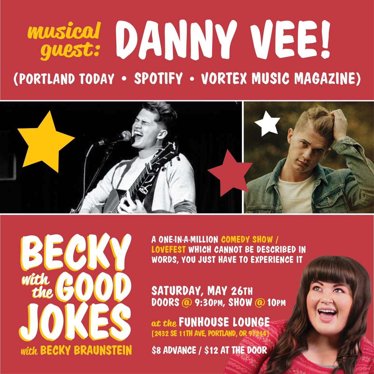 BeckyGoodJokes's tweet photo. HAVE YOU SEEN THIS LINEUP? YOWZA. This Saturday, bring the crew to the super spicy May show featuring both Portland heavy hitters &amp; out of town guests! With a BRAND NEW VIDEO BIT plus good news &amp; prizes! Get tickets online to save off the door price. 5/26, 10pm @FunhouseLounge 😍 https://t.co/tiSTgCh4Cr