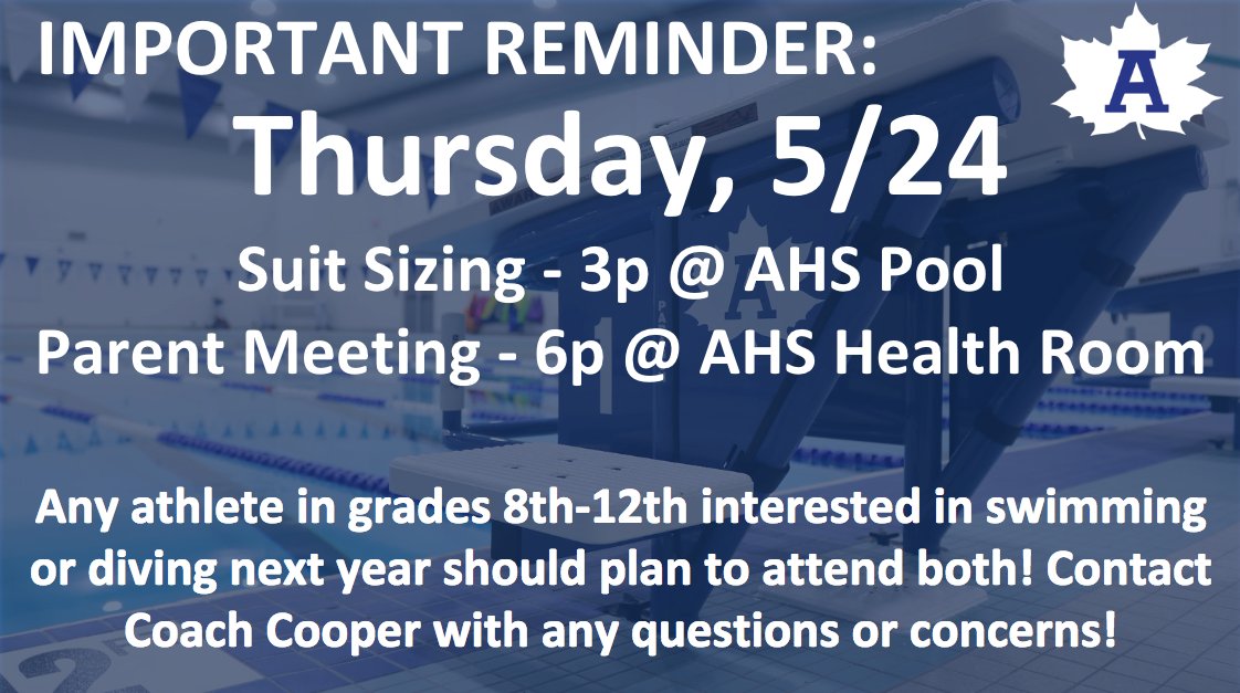 Reminder: Parent meeting tomorrow for all Girls who plan to swim this fall! 6p Parent Meeting and 3p Suit Sizing! We will have a later suit sizing and meeting for those who can't attend.