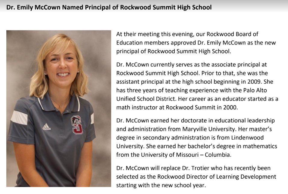 ReneeTrotier's tweet photo. Excited to share that Dr. McCown will be the next principal of Rockwood Summit!  Summit is truly in good hands.  Dr. McCown will Inspire Excellence! https://t.co/K525tcAkOZ