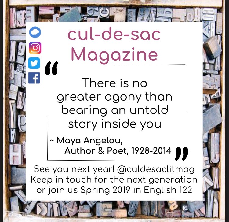 CulDeSacLitmag's tweet photo. This semester is wrapping up. Will we see you on #Friday for the #culdesac #releaseparty ? Parking will be free for the duration of the event. 

Want to be apart of the action next year? In Spring 2018, enroll in English 122 at #collegeofthecanyons @canyons https://t.co/JwiHKn48Nu