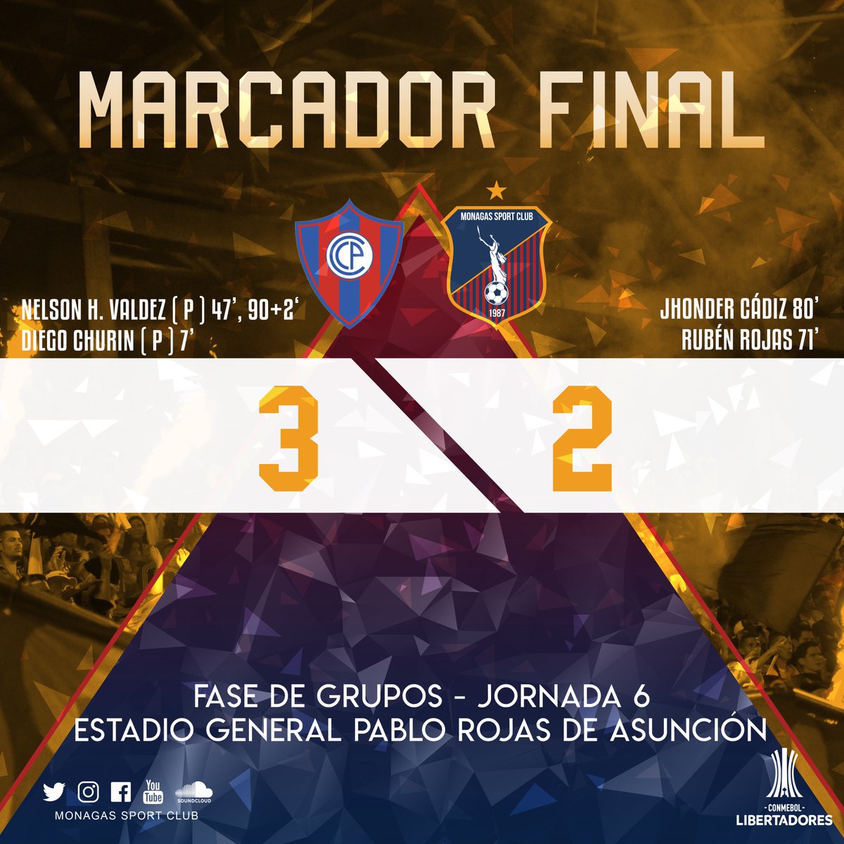 Monagas_SC's tweet photo. #ConmebolLibertadores 🏆 | @CCP1912oficial 3-2 #MonagasSC | Finaliza el partido en Asunción. Luchando hasta el final, con esfuerzo y entrega, el azulgrana se despide de la @Libertadores 

#TodosSomosGuerreros 🔵🔴 https://t.co/0tdJab4pvn