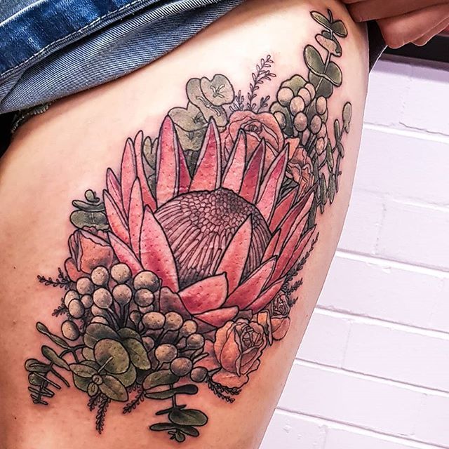 Drea Darling on Twitter Beautiful floral arrangement I tattooed yesterday  featuring a south african king protea  withlovetattoo protea  southafricanprotea kingprotea flowertattoo floraltattoo proteatattoo  httpstcoyqJgq90EWv httpstco 