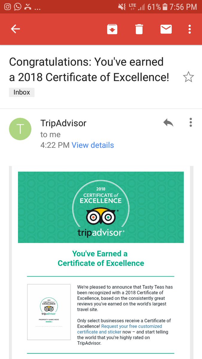 Just got word that Tasty Teas has received a 2018 "Certificate of Excellence" from worlds largest travel website TripAdvisor.com !!!