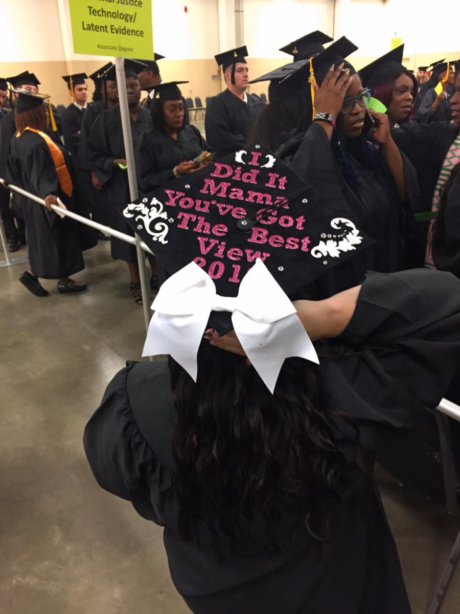 FAYTECHCC's tweet photo. "I not only battled cervical cancer and bested it, but I also lost my Mama in 2017. She was my biggest supporter. I decorated my cap for my Mama who I know watched me walk that stage. If I could do it, anyone can!” – Angel Williams #FTCCGraduate 🎓🖤💛 [📸: Fir3Light Photography] https://t.co/j1R3dL5ya6