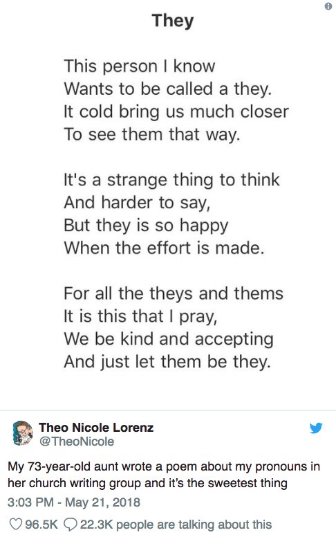 BuzzFeedLGBTQ's tweet photo. A 73-Year-Old Woman Just Wrote The Sweetest Poem About Her Relative's Pronouns
https://t.co/W3EtQVzSZf https://t.co/huJtZt3436
