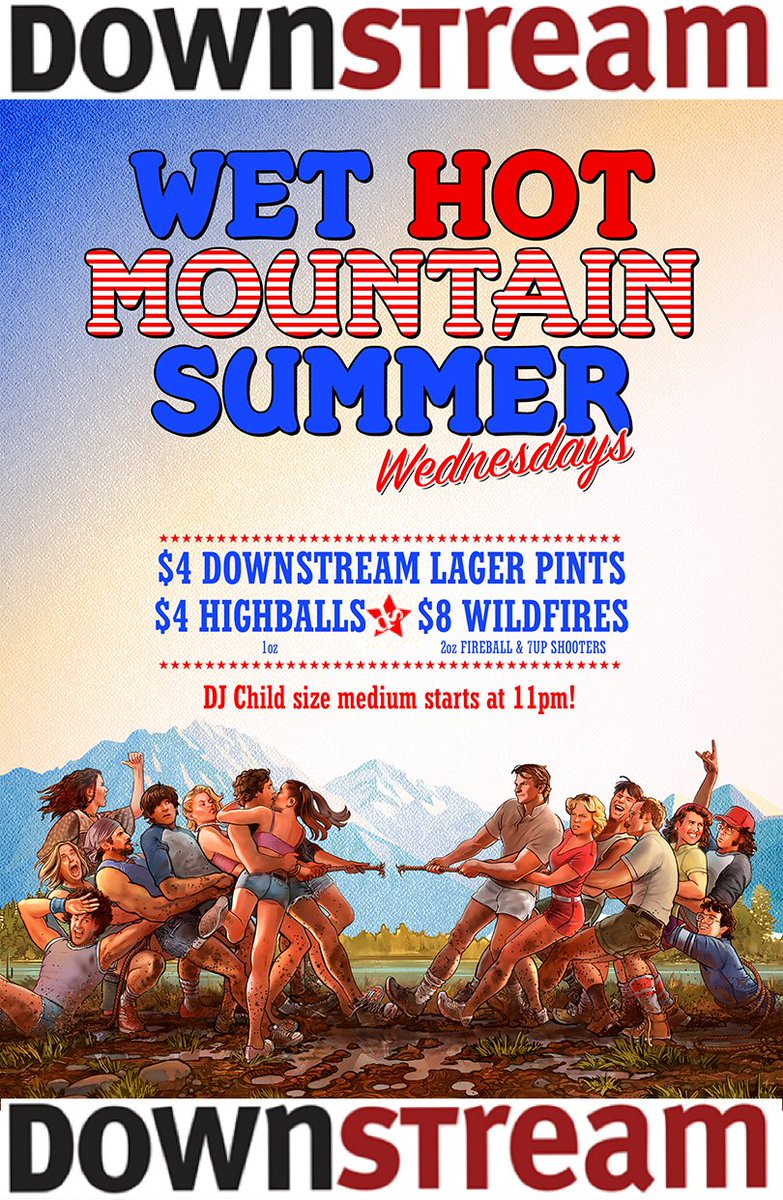 DownstreamJNP's tweet photo. Summer is here! Downstream Jasper is kicking it off right launching it's fresh new Wednesday. Starting at 11pm, Wet, Hot, Mountain Summer at DS will offer $4.00 DS Lager Pints, $4.00 Highballs, $8.00 Wild Fires all evening long! Also our resident DJ ChildSizeMedium will be Lit! https://t.co/Gs7DBSeMFF