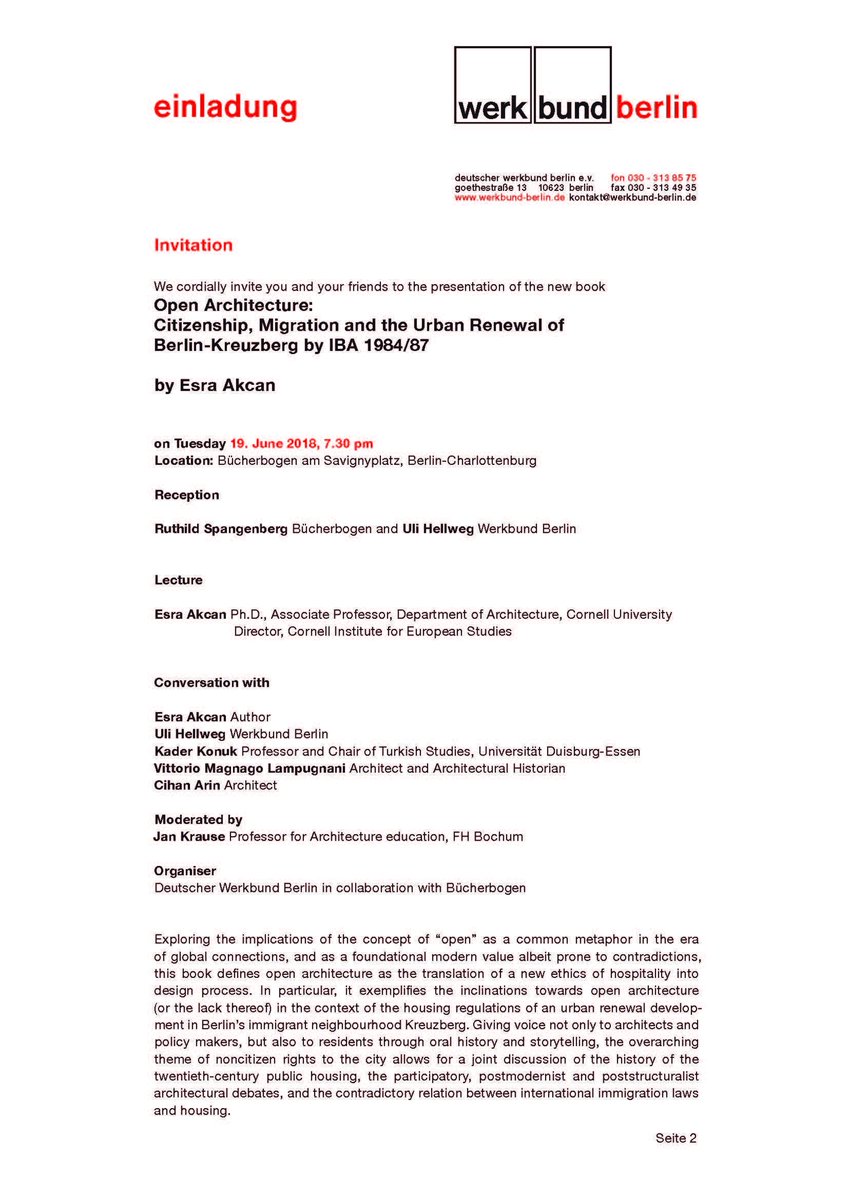 Esra Akcan Berlin Friends Save The Date For The Book Launch I Will Be Speaking About My Book Open Architecture Migration Citizenship And The Urban Renewal Of Berlin Kreuzberg On June