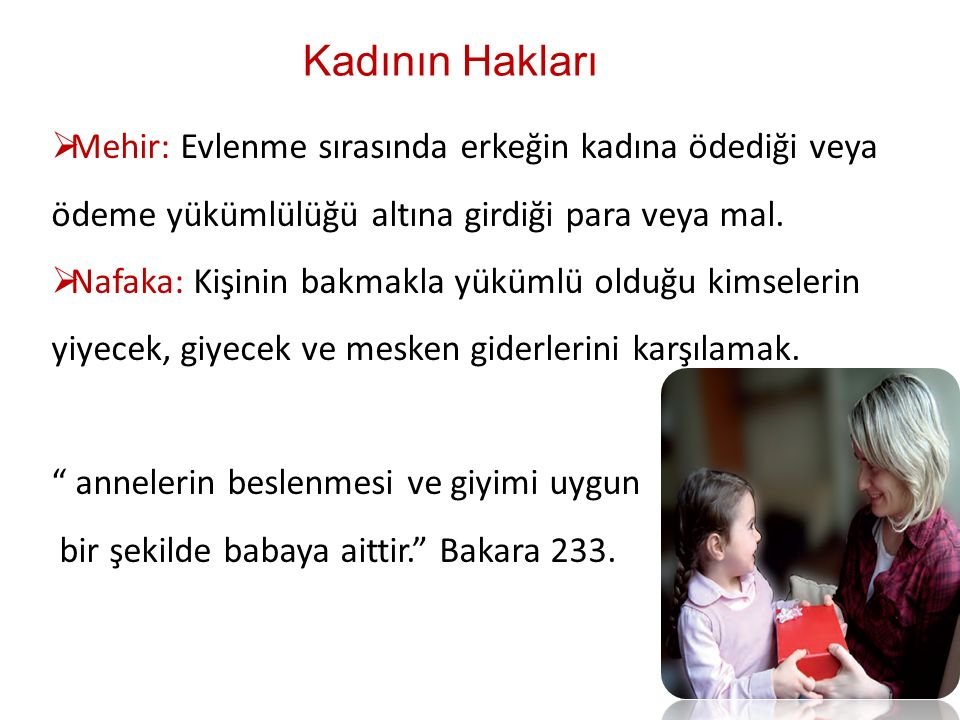 Fakat onlardan zalim olanlar, sözü, kendilerine söylenenden başkasıyla değiştirdiler. Biz de zulmetmelerinden ötürü üzerlerine gökten bir azap gönderdik.(Araf 132)

Resimde anlam eksik, Bakara233 bağlamından koparılmış.
Ayrıca; Kadının sadece hakları değil, yükümlülükleri de var.