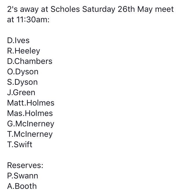 The weekend teams are as follows UTH: