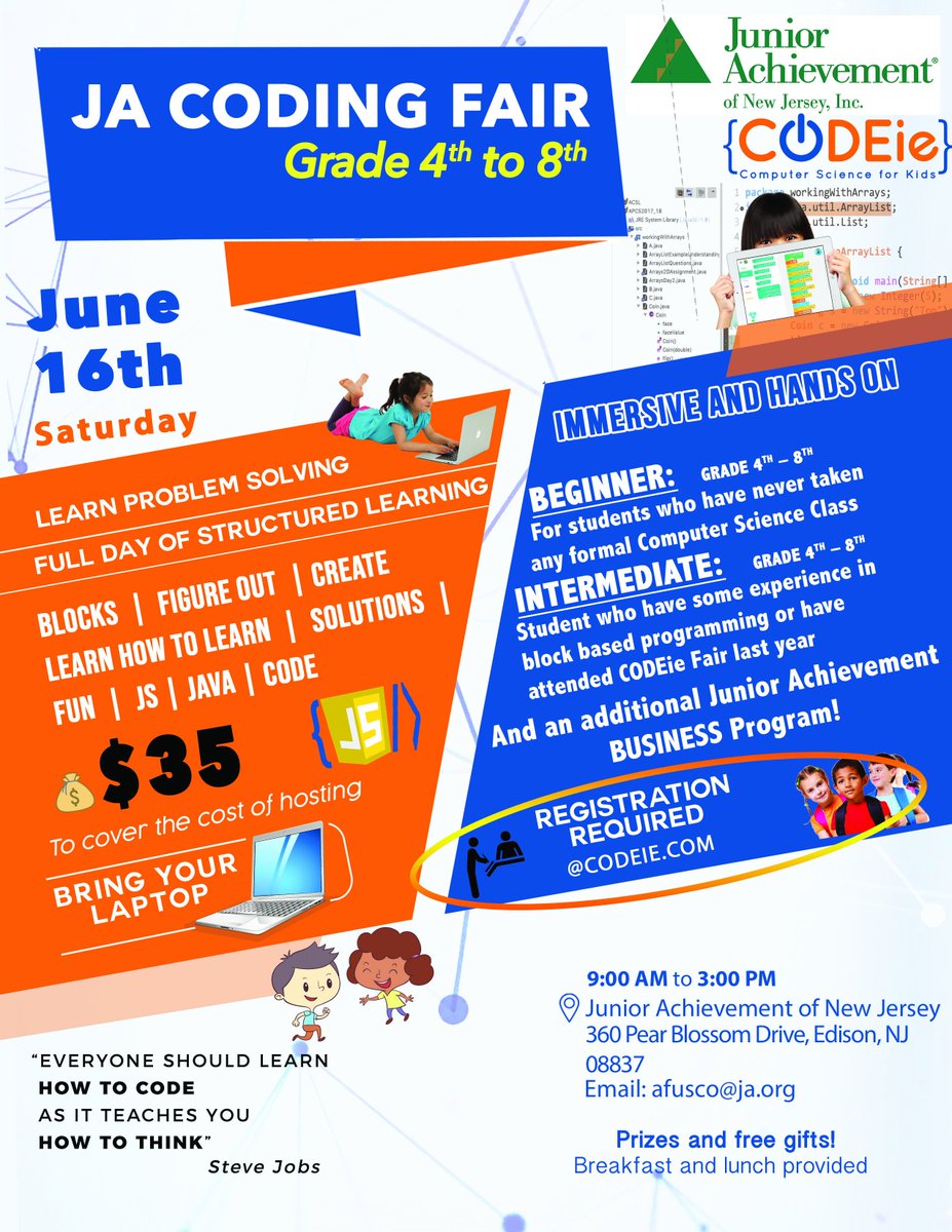 JAofNJ's tweet image. To all of our coding lovers out there (and those who want to learn more about it) check out this cool event coming next month! #CODEie #codingfair #STEM #JANJ #studentleadership