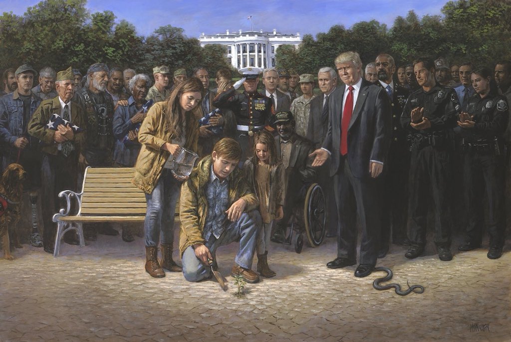 A short thread: Comparing the Trump paintings of Jon McNaughton, with state “art” of North Korea worshipping the Kim Dynasty.