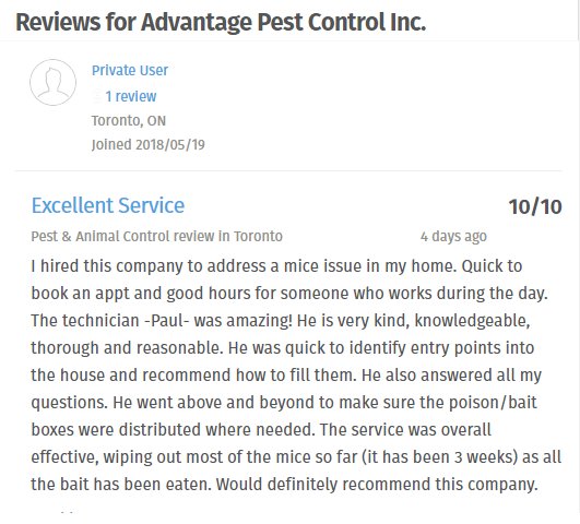Thank you very much for the #positive feedback! Do let us know if we can be of further service to you.
⠀
#Toronto #pestcontrol #mice #extermination #review #Torontoliving #the6ix #Torontocontractor <a href="/homestars/">HomeStars</a>