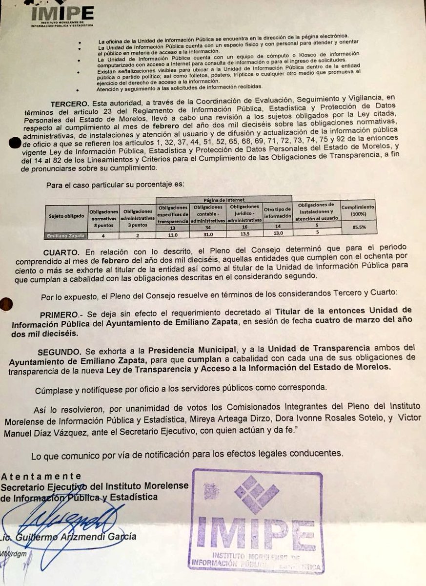 ZapataGob's tweet photo. @24_morelos en la primera imagen aparece la calificación de 8.5 (85.5%) en transparencia 2016 y en la segunda, el documento que acredita que la evaluación del 2017 aún no termina, pedimos aclaren la información falsa difundida en sus redes por favor. https://t.co/gv4aeREUYz