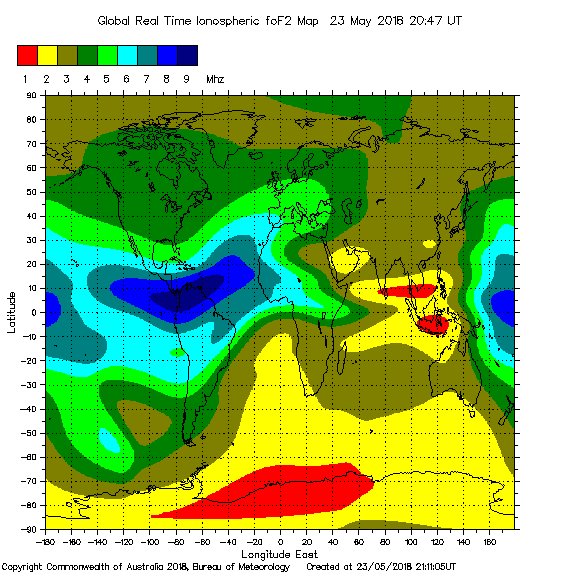 wa1gov's tweet image. Global Optimum NVIS Frequency Map Based Upon Hourly Ionosphere Soundings via sws.bom.gov.au/HF_Systems/6/5 #hamradio