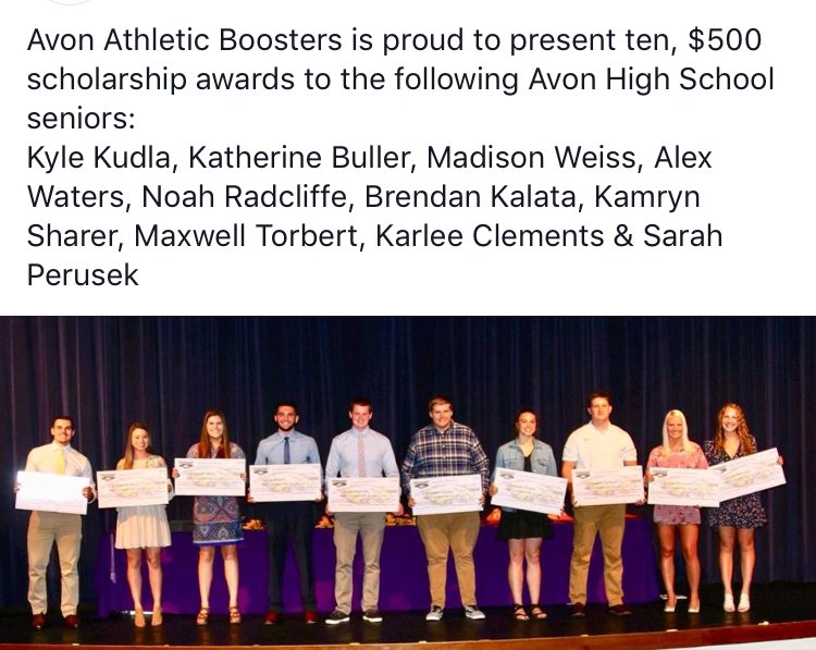 Congrats to the following 10 Avon Athletic Booster Scholarship Winners, $500 each!  Kudla, Buller, Weiss, Waters, Radcliffe, Kalata, Sharer, Torbert, Clements and Perusek.  Good luck in your future endeavors #avonproud
