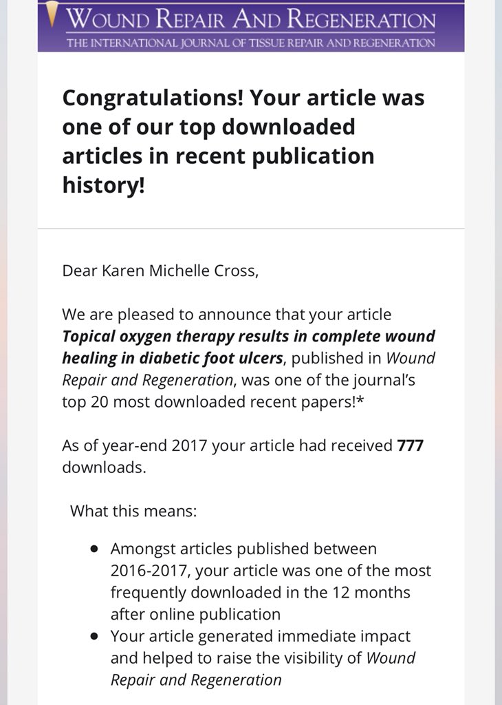 drkarencross's tweet image. Topical oxygen can heal DFUs in the right patient. Top 20 articles of 2017. Congrats to the lab. #CrossLab #diabetes #dfu #natrox #wounds #woundcare #woundrepair