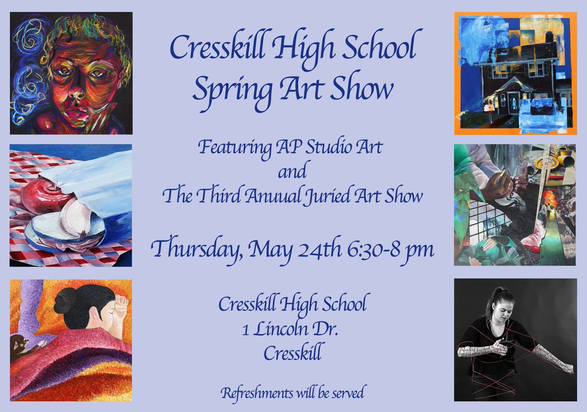 Tomorrow night! CHS's Spring Art Show, showcasing work by AP Studio Art students and artworks selected for the 3rd annual Juried Art Show! Come find out who wins the prizes!
