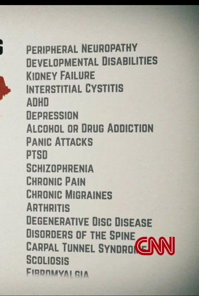 Scrolling list of disabilities included four conditions I have, PTSD, Spinal disorder, Scoliosis, and fibromyalgia/
