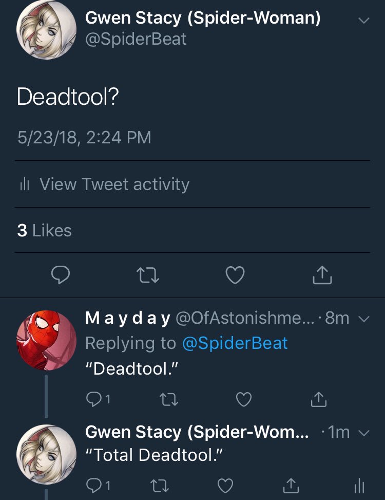 SpiderBeat's tweet photo. Arachnid girl chats. #Deadtool https://t.co/rPWPqSheuh