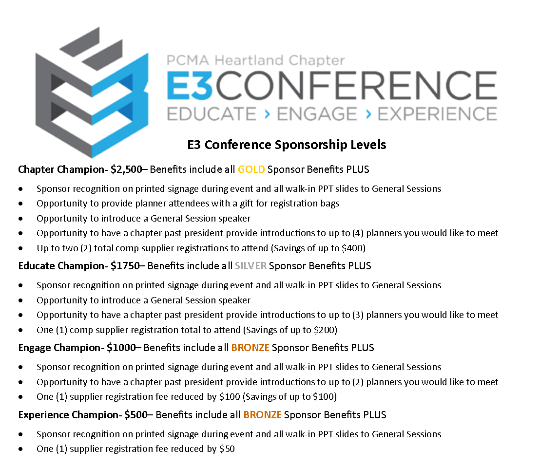 PCMAHeartland's tweet photo. We need sponsors for our E3 Conference coming up in July! Sponsors are vital to making this event a success, so plus consider sponsorship today! 

To secure your sponsorship, please contact David Kinney at dkinney@gotolouisville.com. https://t.co/4owV9CUt0D